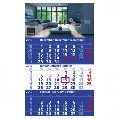 3-Monats-Wandkalender Basic 2019 Blau