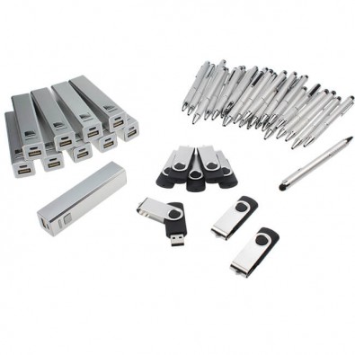 Werbe-Sparset: Powerbank, Touch-Kugelschreiber, USB-Stick, 120-tlg., Silber Werbe-Sparset: Powerbank, Touch-Kugelschreiber, USB-Stick, 120-tlg., Silber