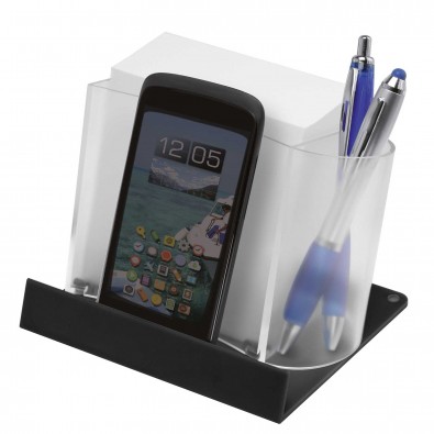 Smartphone-/Tabletständer mit Zettelbox, Transparent/Schwarz Smartphone-/Tabletständer mit Zettelbox, Transparent/Schwarz